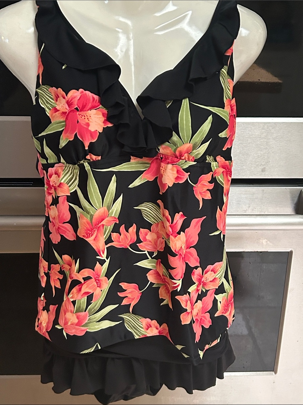 St. John's Bay Black Floral Ruffle V-Neck 2 Piece Swimsuit